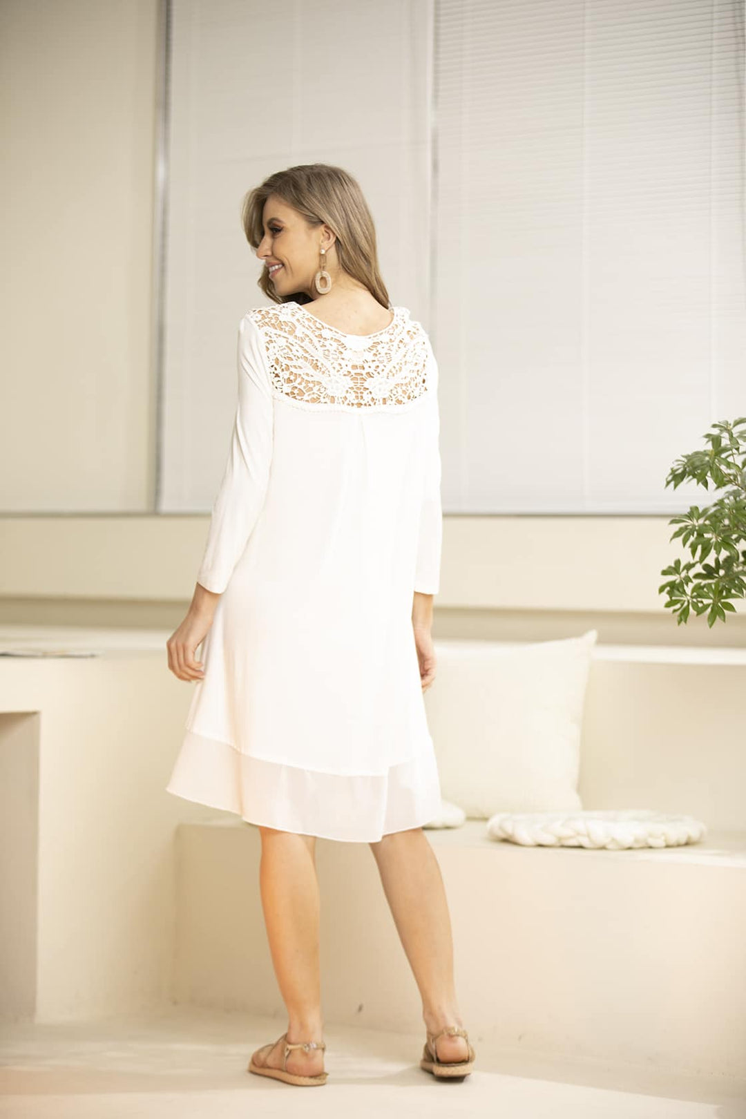 Crochet Bamboo Natural Fabric Lace Tunic W/ Chiffon
