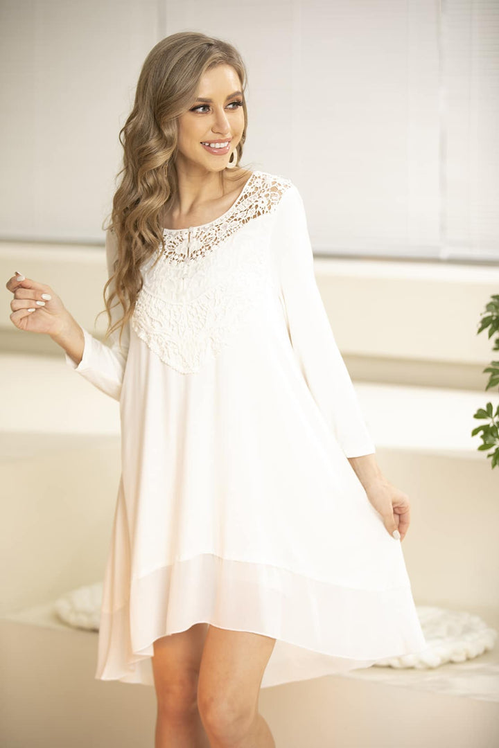 Crochet Bamboo Natural Fabric Lace Tunic W/ Chiffon