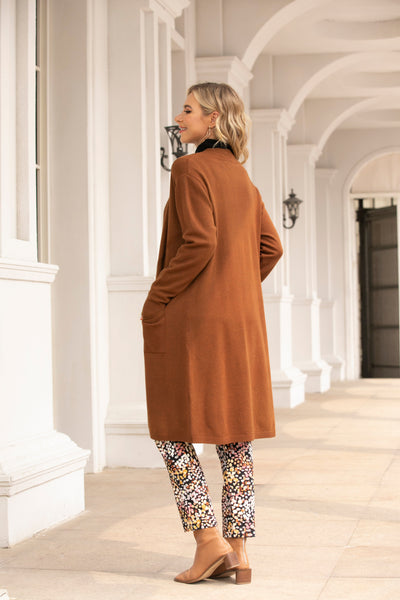 Long Front Open Cashmere Feel Duster with Pockets.