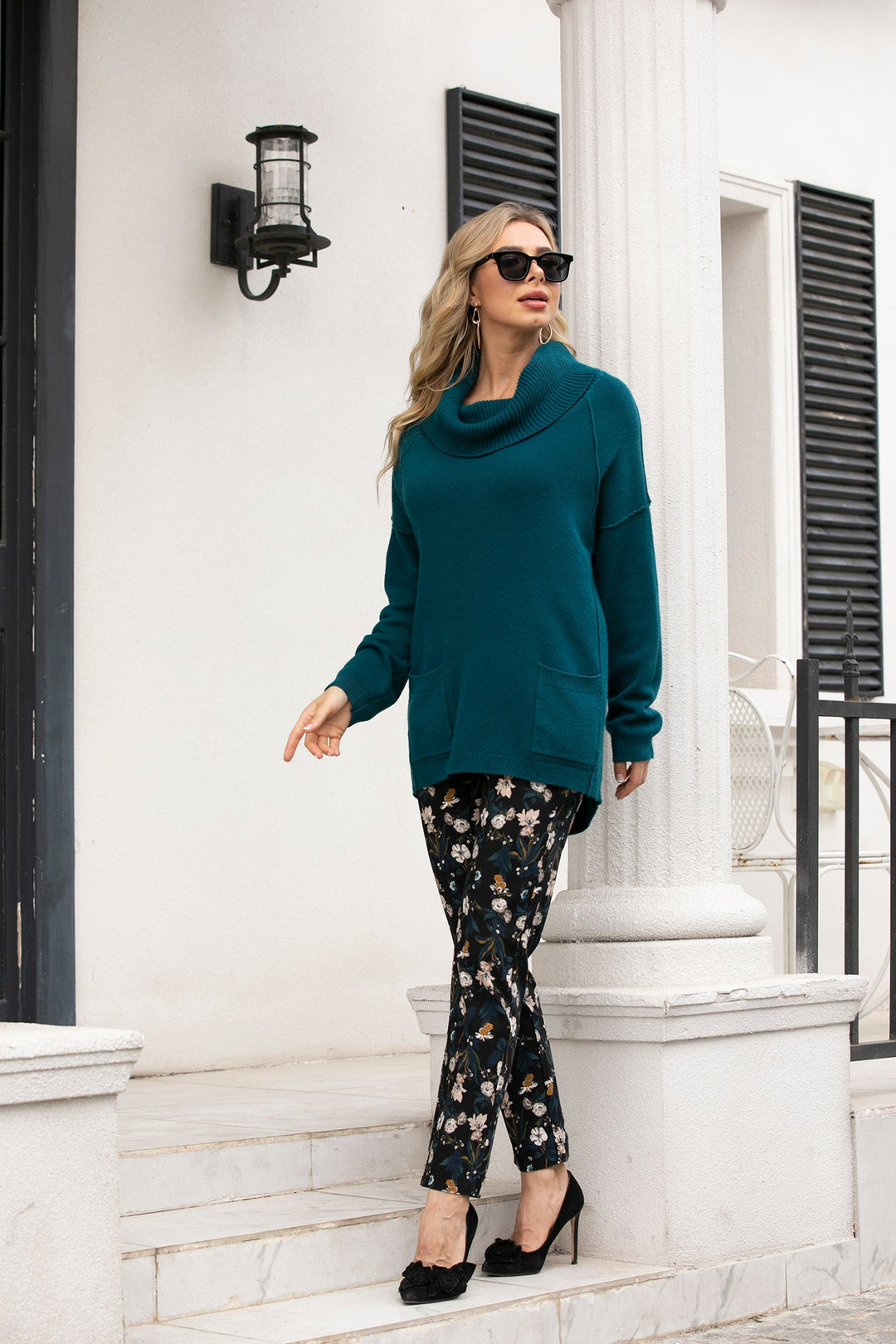 Knit Top with Cowl Neck and Front Pockets