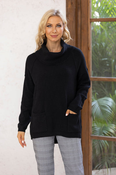 Knit Top with Cowl Neck and Front Pockets