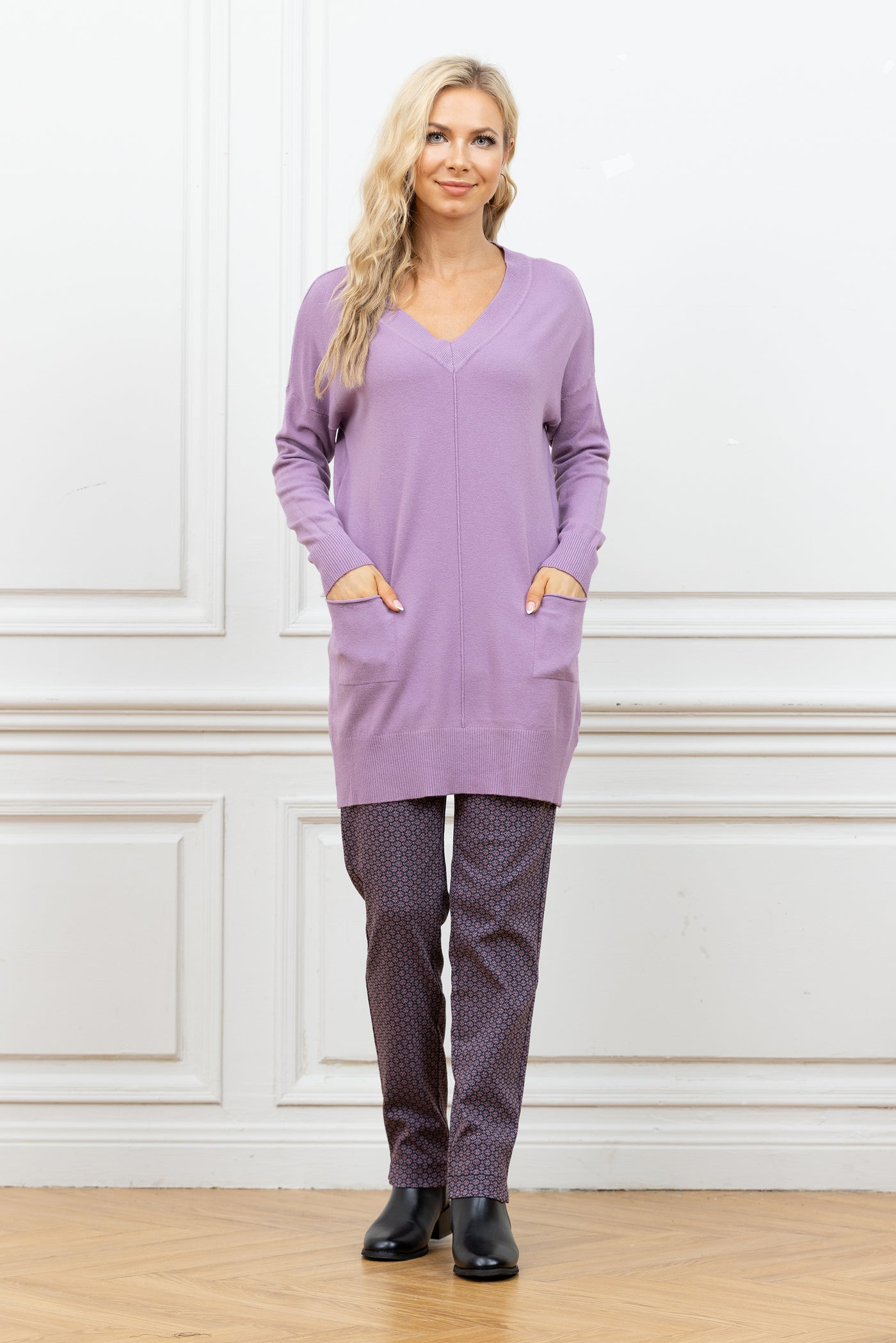 Cashmere Feel V-Neck Tunic With Front Pockets