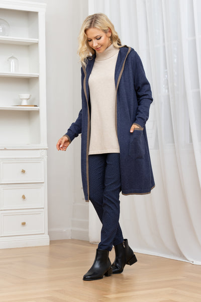 Long Knit Coat with Hood and Pockets