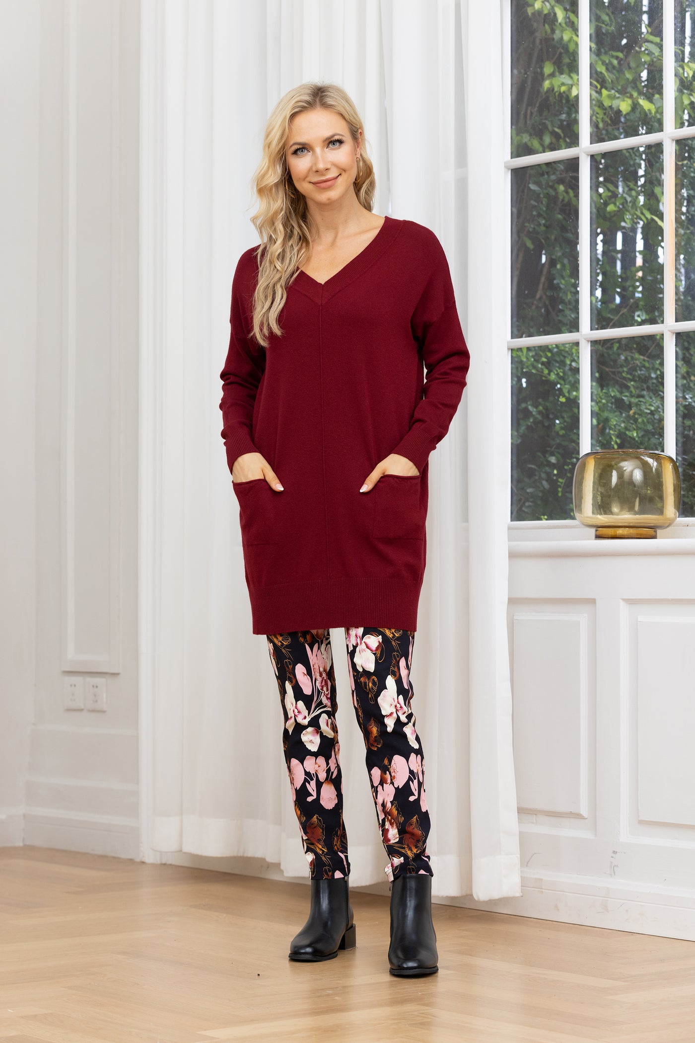 Cashmere Feel V-Neck Tunic With Front Pockets