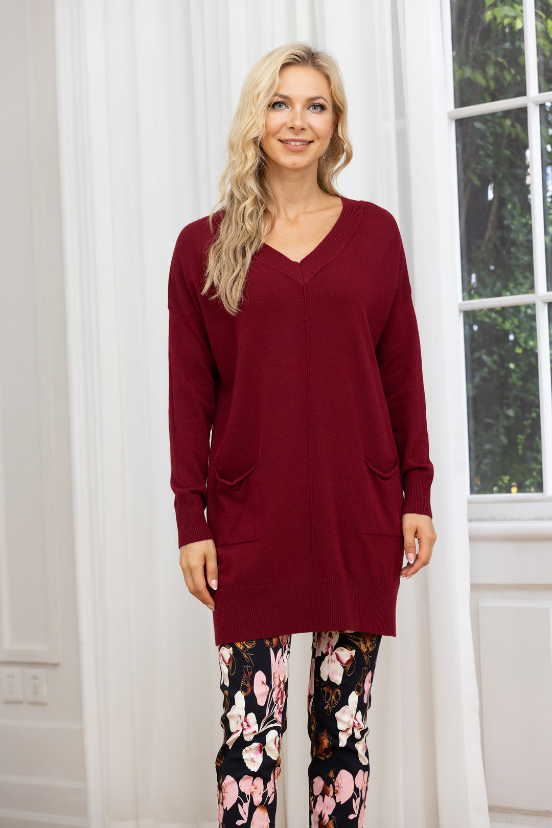 Cashmere Feel V-Neck Tunic With Front Pockets