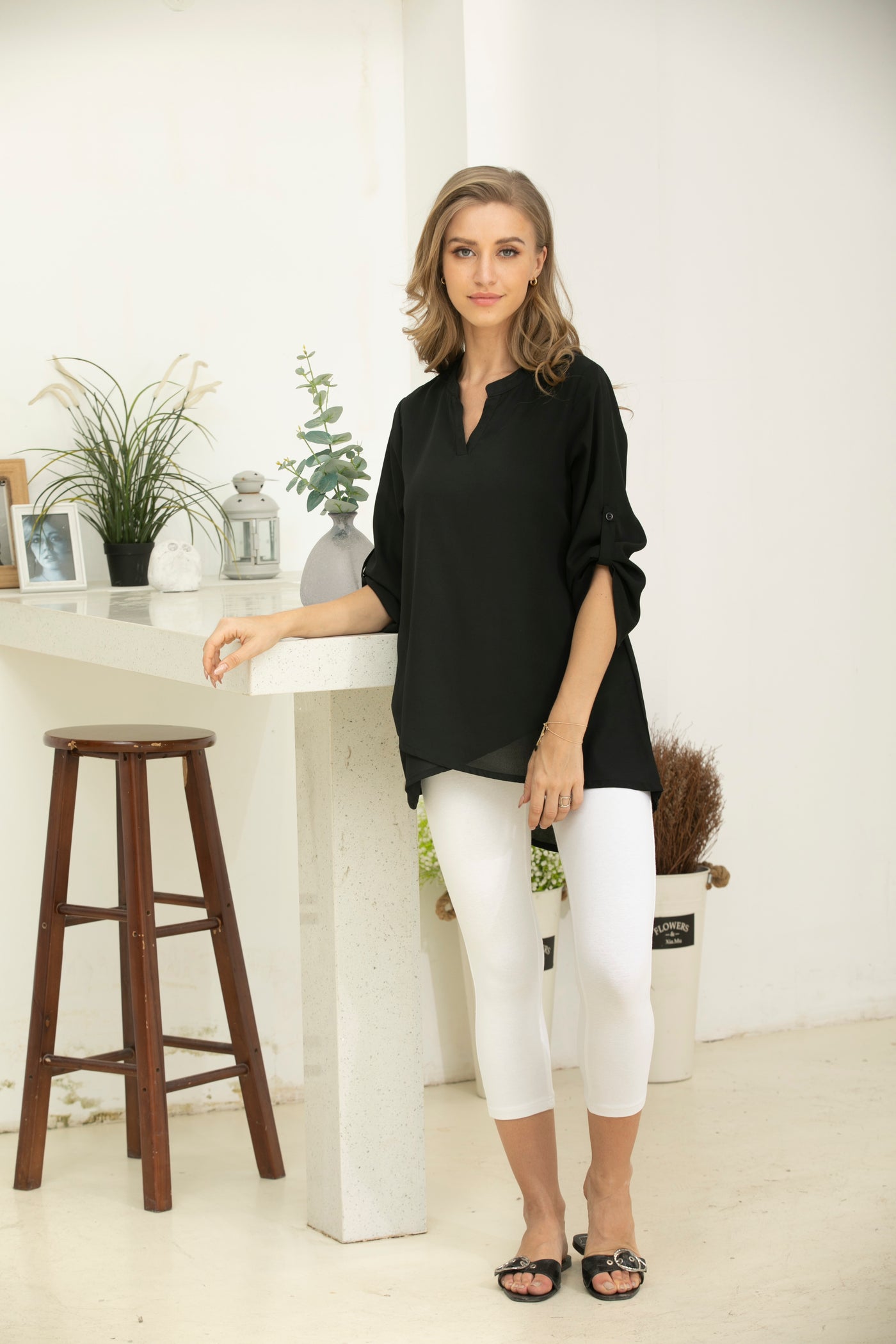 V-Neck Tunic With Panels And Roll Up Sleeve
