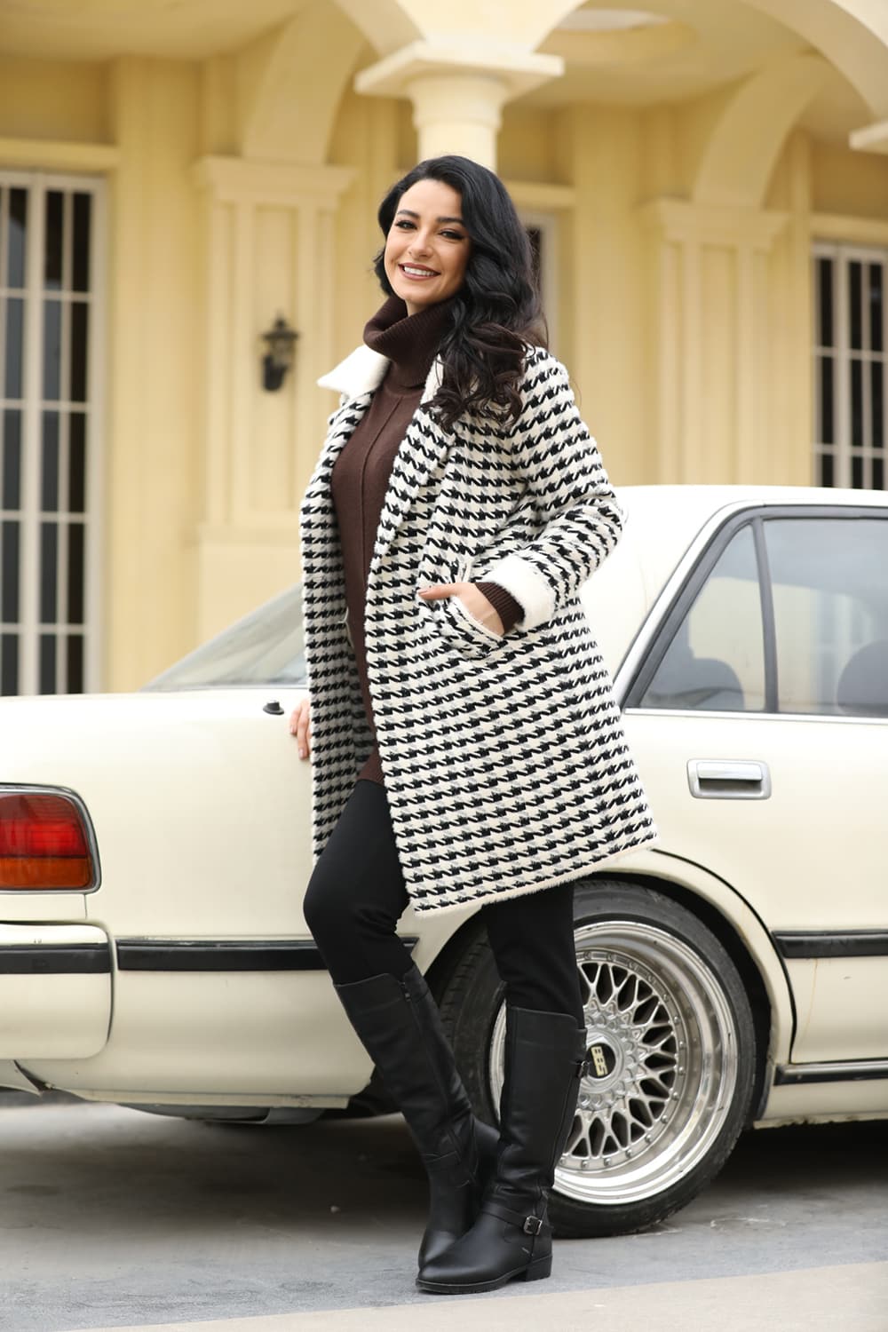 Houndstooth Long Coat with Pockets