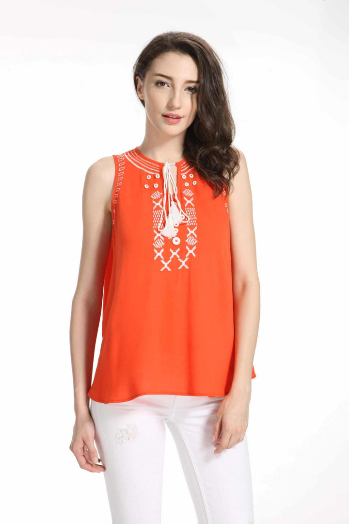 Embroidered Tank with Tassel