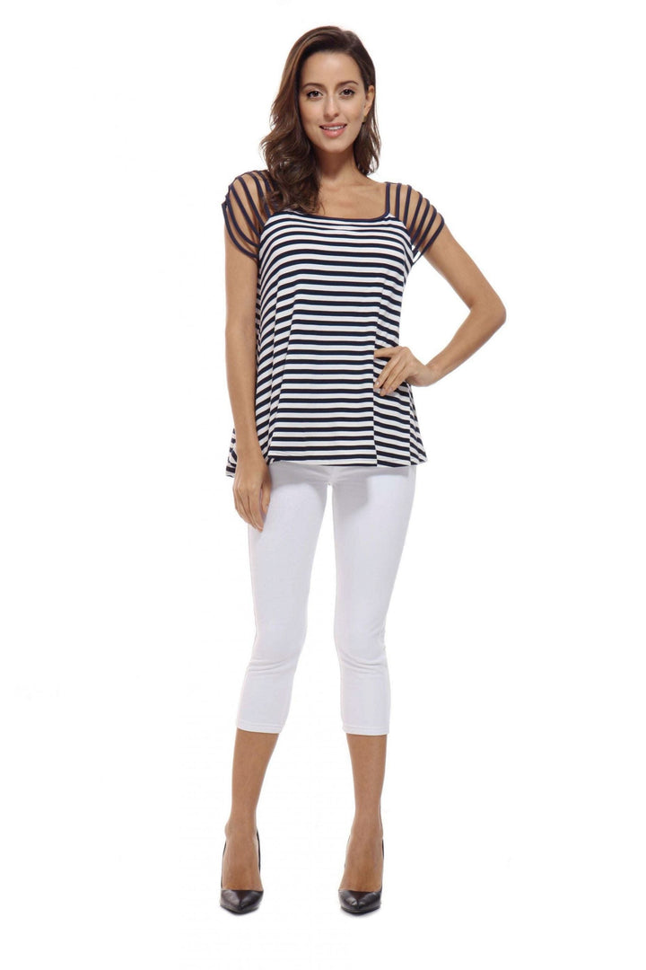 Bamboo Stripe Ladder Cut-Out Shoulder Top