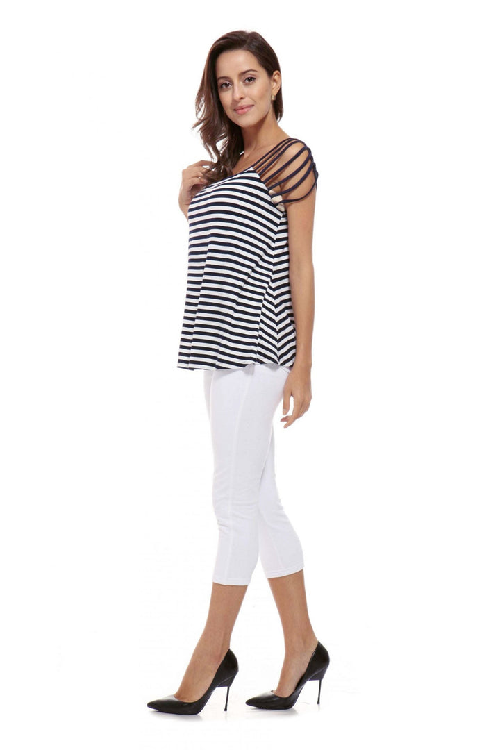 Bamboo Stripe Ladder Cut-Out Shoulder Top