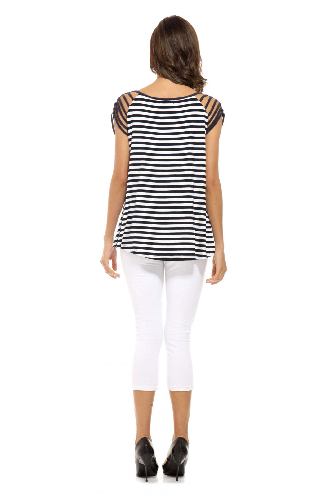 Bamboo Stripe Ladder Cut-Out Shoulder Top