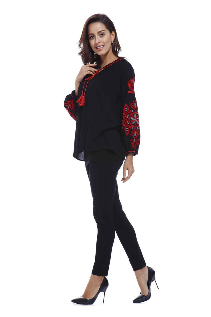 Tassel-Tie Rayon Top with Embroideries