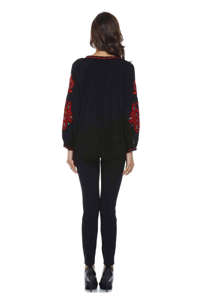 Tassel-Tie Rayon Top with Embroideries