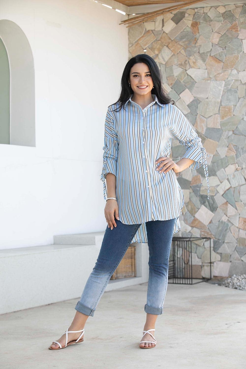Button Up Top With Pull String Sleeve – Orange fashion village