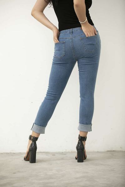 Denim Pant With Frayed Knees & Patches