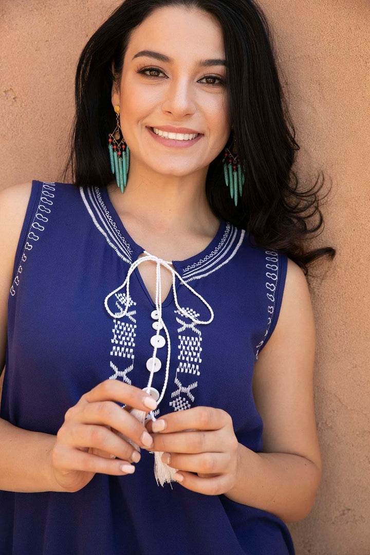 Embroidered Tank with Tassel