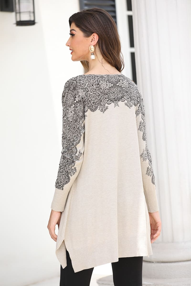 Cashmere Feel V-Neck Tunic With Lace Print