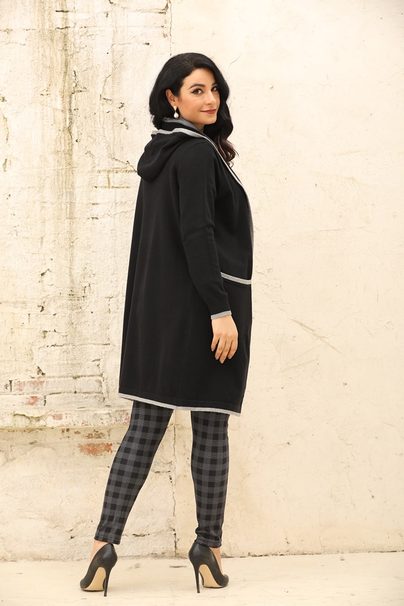 Long Knit Coat with Hood and Pockets