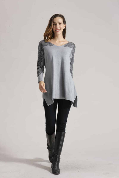 Cashmere Feel V-Neck Tunic With Lace Print