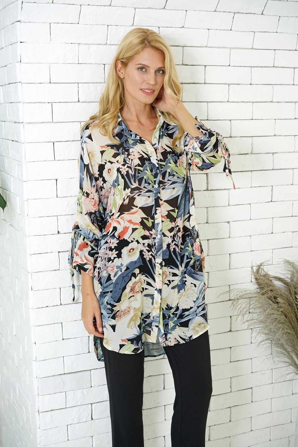 Printed Tunic With Tied Sleeves