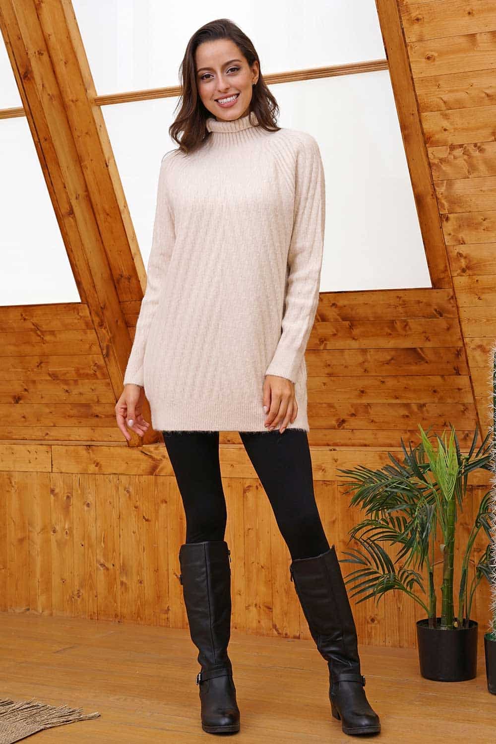Textured Lines Soft Knit Roll Neck Tunic Sweater