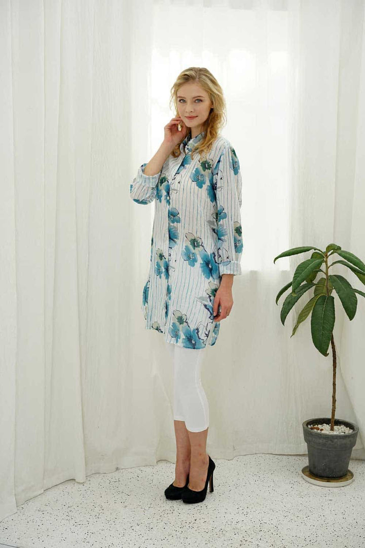 100% Cotton Stripe Blue Floral Print