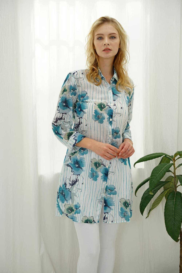 100% Cotton Stripe Blue Floral Print