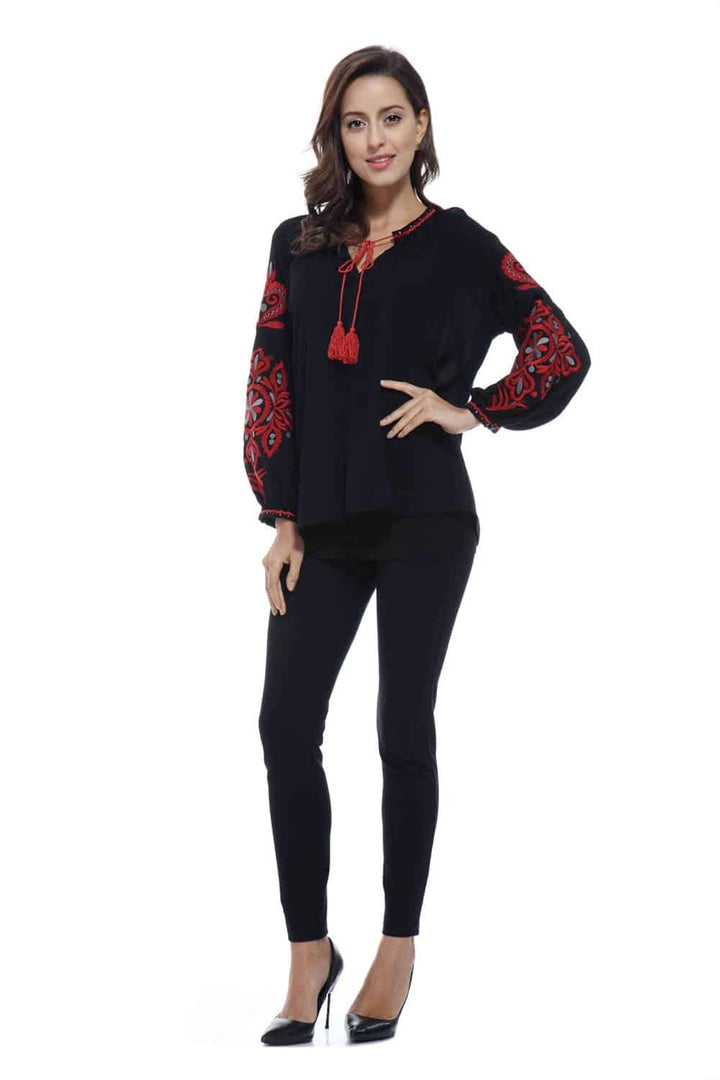 Tassel-Tie Rayon Top with Embroideries